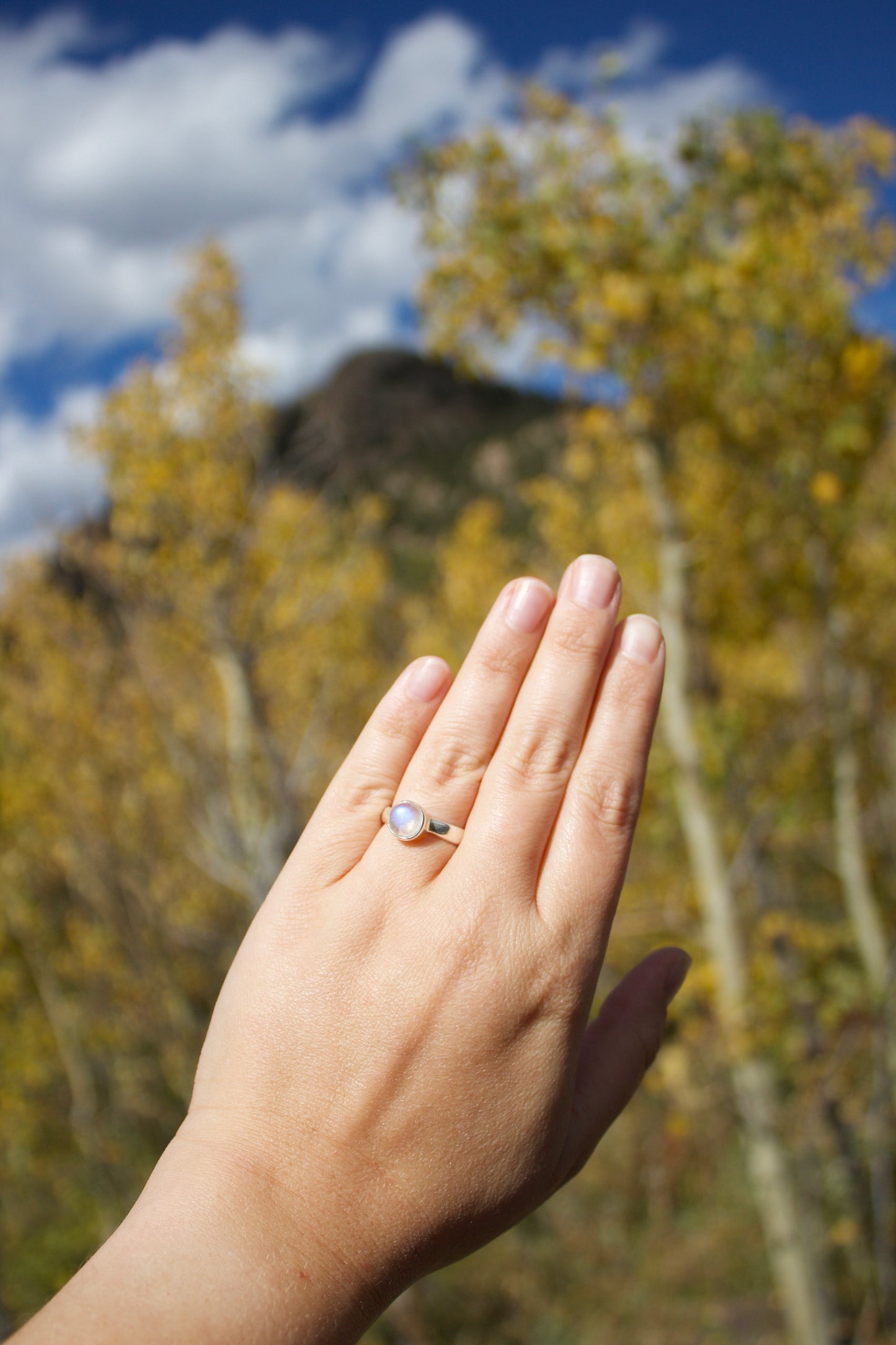 Close-up of the Lunar Love Ring showcasing a genuine moonstone gemstone
